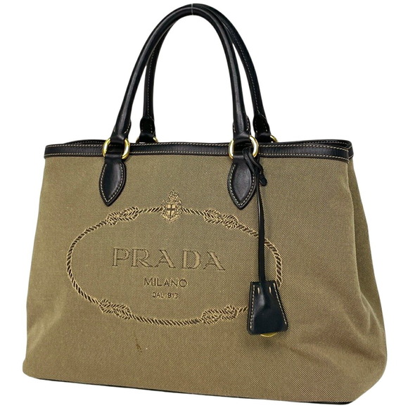 Prada Handbags - Prada logo jacquard handbag tote bag canvas beige black